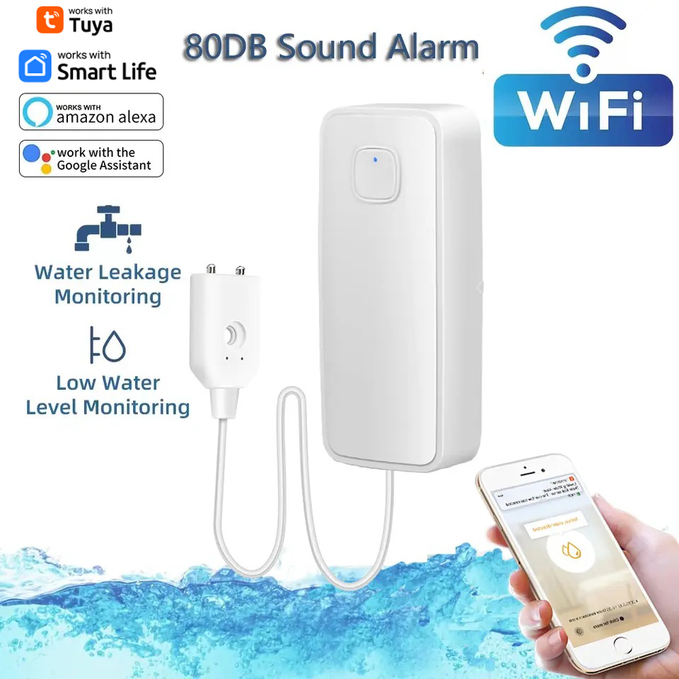 Wifi Water Leak Detector - Tuya-インテリジェントな漏水センサー,オーバーフローレベルの検出器,サウンドアラームシステム,フラッド漏洩センサー,リモートモニター,80db