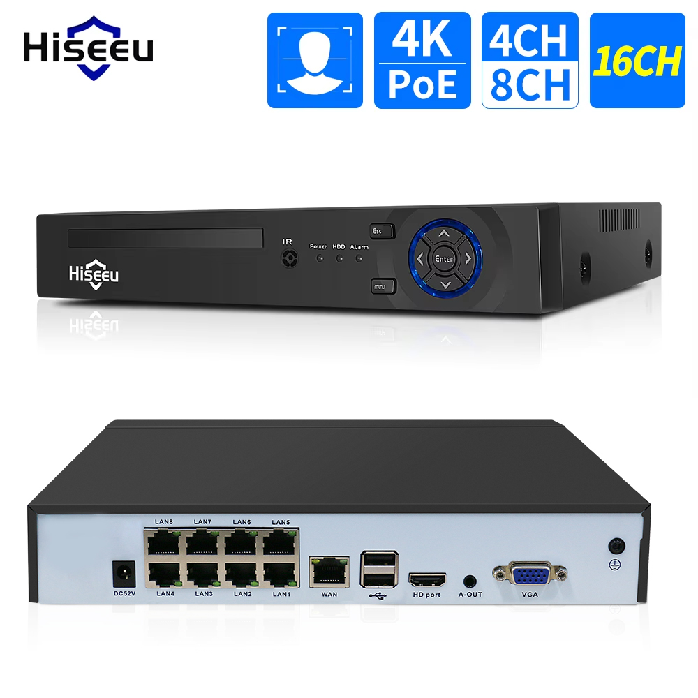 Security Ip Camera - Hiseeu-監視カメラシステムキット,4ch,10ch,16ch,4k,8mp,5mp,poe,cctv,h.265 cctv,nvr,ビデオ録画onvif
