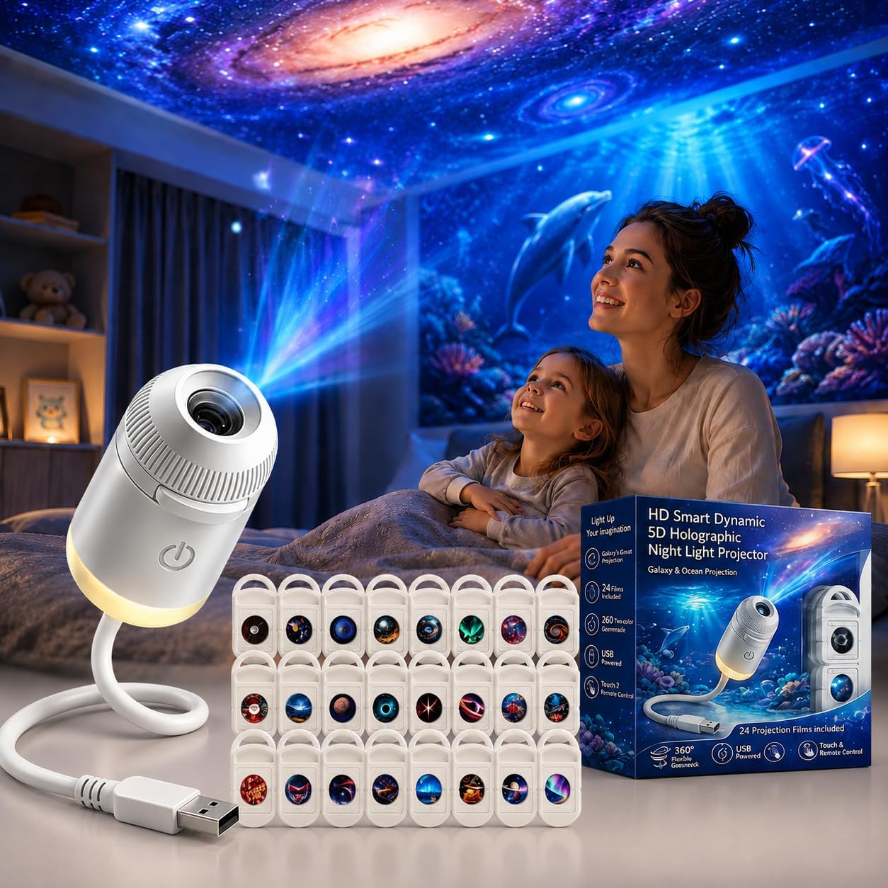Smart Home Decor - HDスマートダイナミック5Dホログラフィックナイトライトプロジェクター、2-in-1ギャラクシースターとオーシャンプロジェクター（3/6/12/24枚のフィルム付き）ホームデコレーション用