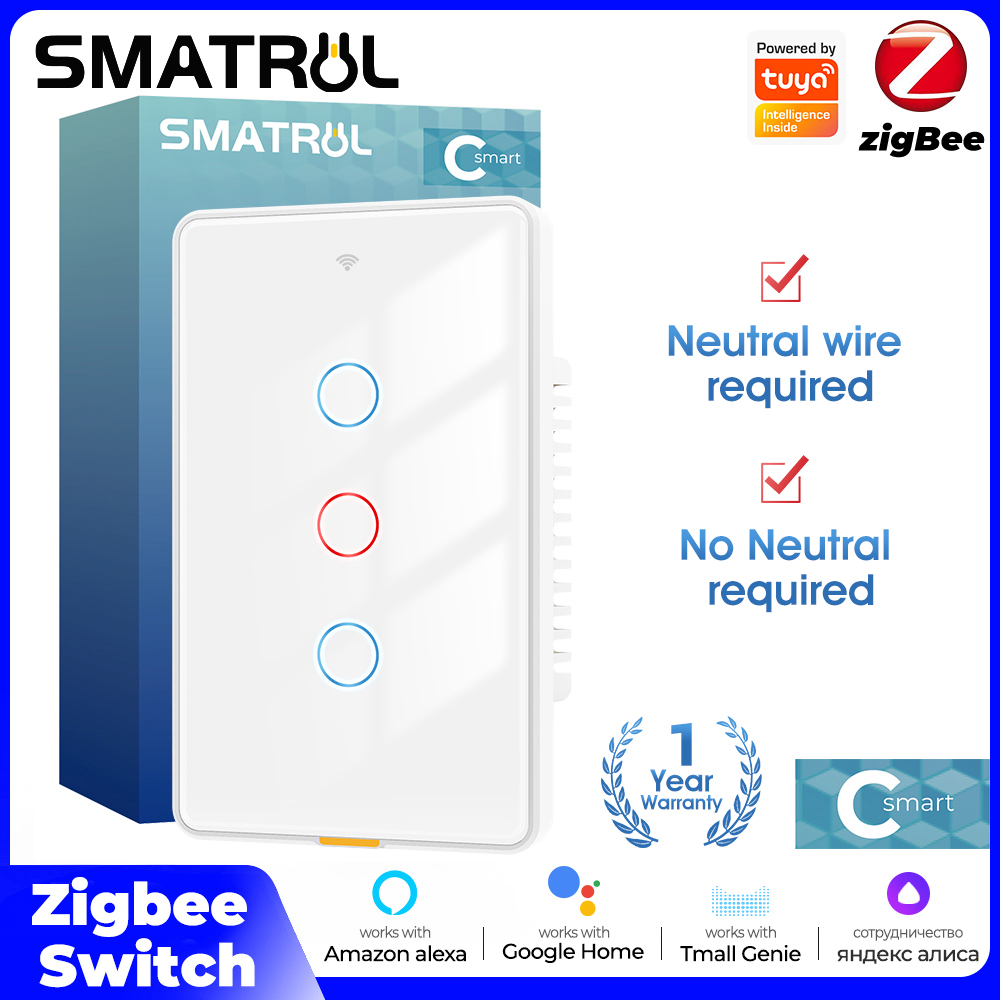 Smart Light Switch - Tuya Zigbee スマートライトタッチスイッチ、ニュートラル配線不要、壁掛け磁気ラッチングリレー、米国100-250v、音声タイマー、アプリ、Tmall Genie、Alexa対応