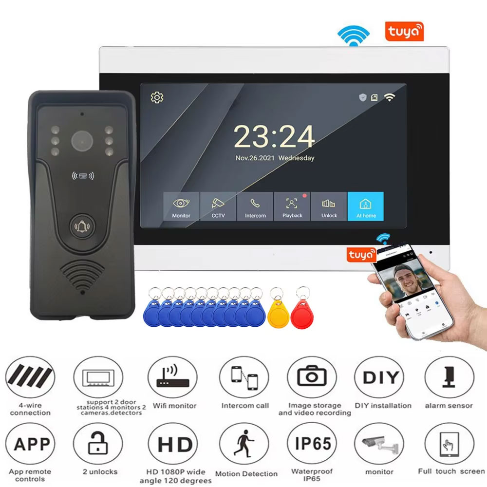 Smart Home Kits - Tuya-アクセス制御システム用インターホンキット,1080pカラータッチスクリーン,Wi-Fi,ワイヤレスビデオドアベル,スマートアプリケーション,7インチ